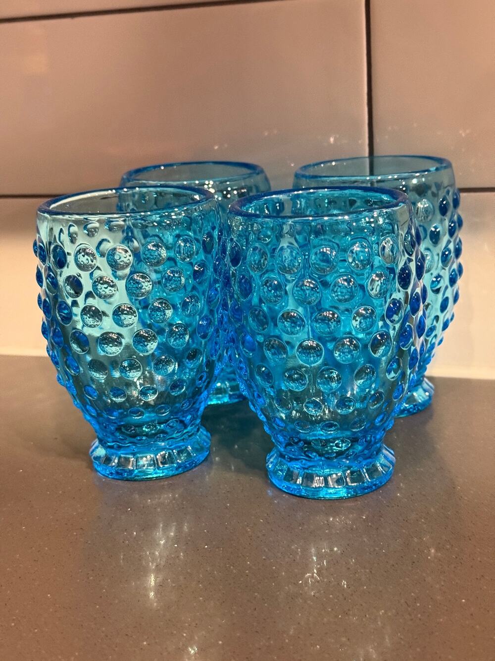 Vintage Set of 4 Indiana Glass Hobnail Juice Glasses Bright Blue Footed VTG